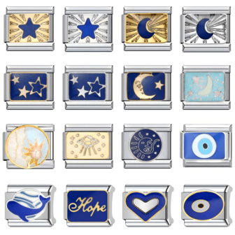 1 pieza Componente de pulsera modular de acero inoxidable con tema azul, con elementos de estrellas, luna, amor y ojo del diablo, joyería DIY para pulseras/collares, combinable libremente, regalos perfectos para fiestas