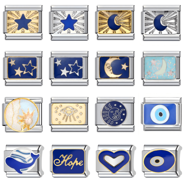 1PC Blue Theme Stainless Steel Modular Bracelet Component,Featuring Elements Of Stars, Moon, Love, And Devil's Eye, DIY Jewelry For Bracelets/Necklaces, Freely Matchable, Perfect Holiday Gifts