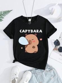Camiseta para niña con diseño de capibara soplando burbujas, con un bonito detalle gráfico de corazón y estrellas, divertida y juguetona, 100% algodón, ligera. - Negro - Ver 1