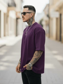 Playera Hombre Oversize Negra 220g 100% Algodón Puro: Cuello Redondo Clásico, Drop Shoulder, Corte Ancho, Suave y Cómoda. Ideal Streetwear, Hip Hop, Básica de Gimnasio y Uso Diario - Morado - Ver 2