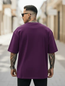 Playera Hombre Oversize Negra 220g 100% Algodón Puro: Cuello Redondo Clásico, Drop Shoulder, Corte Ancho, Suave y Cómoda. Ideal Streetwear, Hip Hop, Básica de Gimnasio y Uso Diario - Morado - Ver 3