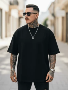 Playera Hombre Oversize Negra 220g 100% Algodón Puro: Cuello Redondo Clásico, Drop Shoulder, Corte Ancho, Suave y Cómoda. Ideal Streetwear, Hip Hop, Básica de Gimnasio y Uso Diario - Negro - Ver 1