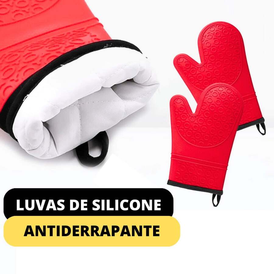 Luvas Térmica Para Forno Cozinha Par De Luvas Com Forro Para Fogão De Silicone Lavável Premium - Multicolorido - Visão 1