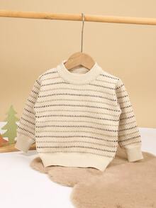 1pc Toddler Boys/Girls Striped Knit Pullover Sweater, Beige, Suitable For Autumn & Winter - Beige - View 1