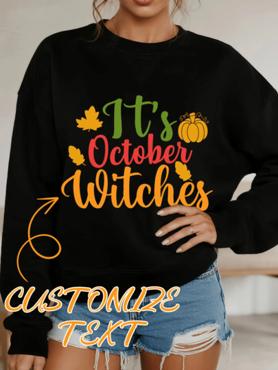 1pc Unisex With Customizable Text Feature, Black Color, For Daily Casual Wear, Halloween - Themed And Personalized Style, Sweatshirt, Suitable For Halloween And Casual Occasions