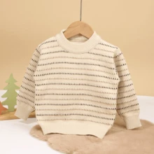 1pc Toddler Boys/Girls Striped Knit Pullover Sweater, Beige, Suitable For Autumn & Winter - Beige - View 15