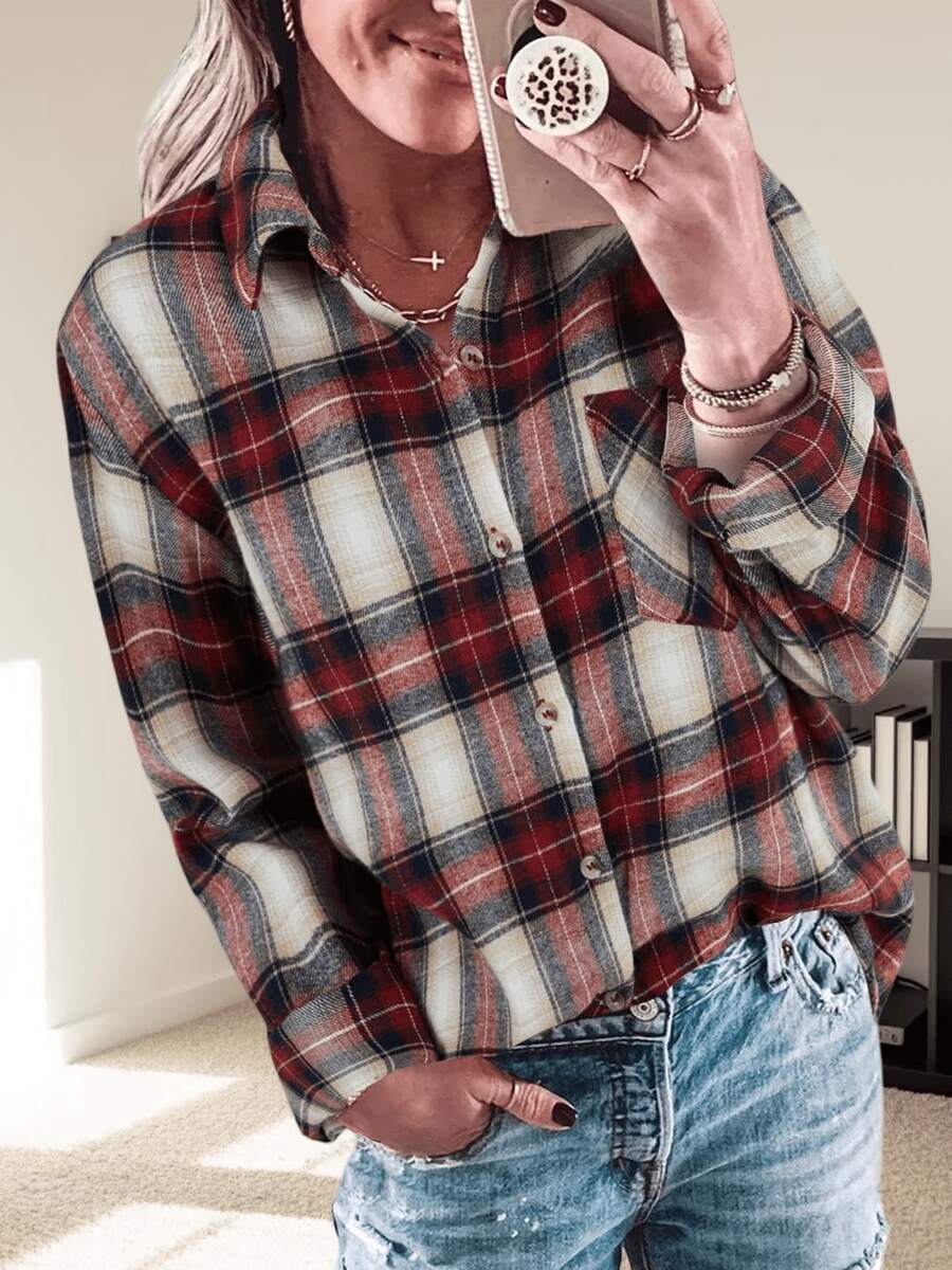 Fisoew Womens Casual Plaid Flannel Shirt Long Sleeve Button-Front Collared Christmas Gift & New Year Gift - 紅白色 - 查看 1