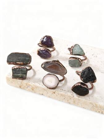 1pc Retro Style Natural Crystals Cluster Adjustable Ring With Asymmetrical Shape Featuring Amethyst, Green Fluorite, Aquamarine, Black Meteorite, Agate Crystals, Color And Shape Vary