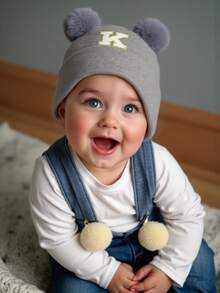 1Pc A-Z Letter Knit Newborn Baby Hat Kids Beanie Cap For Boys Girls Infant Accessories Children Hats Elastic 0-3Y Toddler Girl Boy Hat Birthday Gift For Winter Spring - Grey - View 4