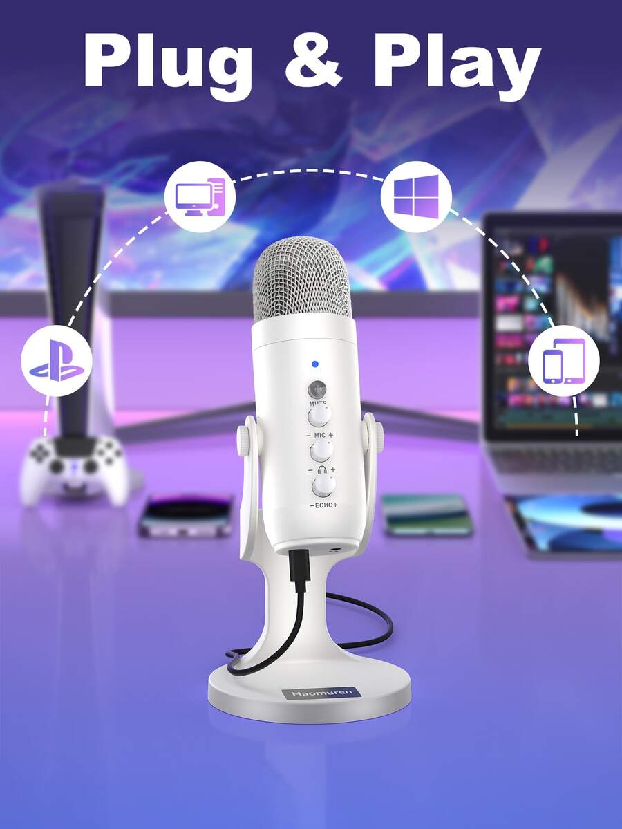 Haomuren USB K66 白色电容麦克风，带 Type-C 适配器，兼容电脑/PC/手机，即插即用，游戏麦克风，带耳机输出、音量控制、麦克风增益控制、静音按钮，是直播、播客、录音的理想之选。