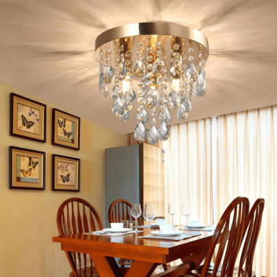 مصباح سقف شبه مدمج حديث، شنادير كريستال شبكية، حامل مصباح G14*3 (باستثناء المصابيح)، شنادير كريستال دائرية، القطر 11.81 بوصة، مناسب للممرات وغرف التجهيز والمداخل والمطابخ والردهات (لون ذهبي/كروم)