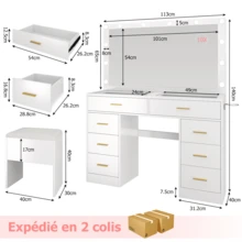 Vanity Table With Mirror And Storage Stool, 113 X 40 X 140 Cm, 12 Adjustable Light Bulbs (3 Colors), With 8 Drawers And Socket, 10X Magnifying Mirror - 查看 5