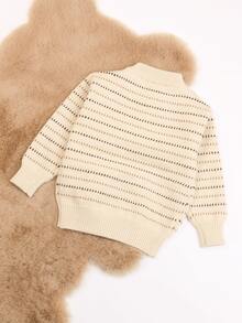 1pc Toddler Boys/Girls Striped Knit Pullover Sweater, Beige, Suitable For Autumn & Winter - Beige - View 4