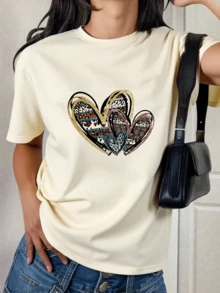 Camiseta informal de poliéster con cuello redondo y manga corta para mujer, con estampado de calavera del Cinco de Mayo y elasticidad media - Albaricoque - Ver 1