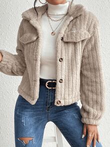 Novedades otoño/invierno para mujer chaqueta casual , sensual y elegante para el día a día Ideal para salidas, vacaciones, reuniones y festivales Cálido, resistente al viento y al frío Perfecto para Año Nuevo, Navidad, Halloween y San Valentín Cazadora con diseño de solapa con botón delantero de franela - Caqui - Ver 3