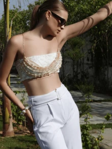 New Arrival: 1pc Elegant Pearl Body Chain Top, Fashionable Multi-Layer Pearl Clothing Design