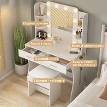 Vanity Table With Mirror And Stool, 85 X 40 X 140 Cm, LED And 3 Lighting Modes, 2 Sockets And 2 USB Ports, 2 Drawers, 4 Shelves - EU E Type Plug(220-240V) - View 6