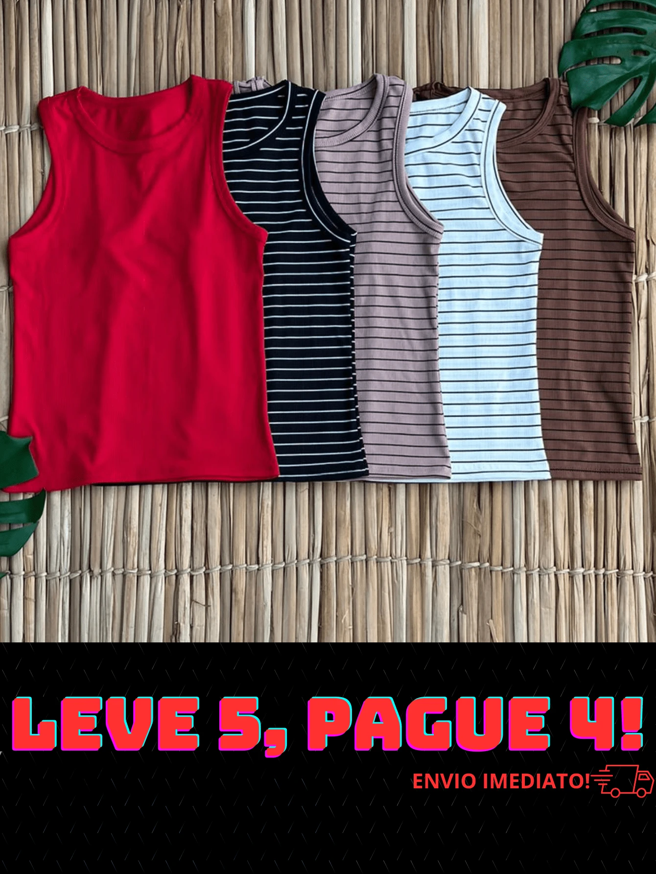 Kit 5 Ribbed Tank Top Striped And Plain Ribbed Basic T-Shirt Everyday Blouse Foreign Fashion Casual Summer Tank Top - Red/WhiteLis/BlackLis/BeigeLis/BrownLis - View 1