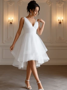 YUMIBRAVO 芭蕾舞风格新娘婚纱，不对称白色婚纱，优雅舞会礼服，前短后长舞会礼服，露背新娘婚纱，白色新娘婚纱，万圣节女装，白色优雅新娘婚纱，婚礼派对礼服 - 白色 - 查看 5