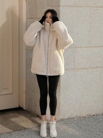 1pc Plus Size Solid Color Pocket Zipper Casual Jacket, Suitable For Daily Wear, Office, Travel, Airport, Winter