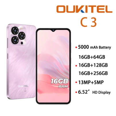  OUKITEL C3 安卓 14 智能手机，2025 款，16GB+（可选 64GB/128GB/256GB），6.52 英寸水滴屏，5000mAh 电池，1300 万像素摄像头，八核处理器，支持指纹识别，3.5mm 耳机孔和 GPS
