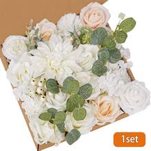 Artificial Roses Dahlia Flowers Box Set For DIY Bridal Wedding, Shower Decorations Fake Floral Arrangements, Table Centerpieces Home Indoor Decor, White Series - White - View 6
