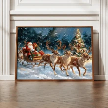 لوحة جدارية فينتاج قطعة واحدة، طباعة على قماش لسانتا كلوز وعربة الأيائل، للاستخدام الداخلي أو الخارجي، موضوع السيد كلوز، ديكور عيد الميلاد | ملصق عيد الميلاد | مؤطر أو غير مؤطر، ديكور الغرفة، ديكور المنزل، ديكور غرفة طالب الجامعة، هدايا لديكور الجدران في الفندق، المنزل، غرفة المعيشة، غرفة النوم، الحمام والمكتب
