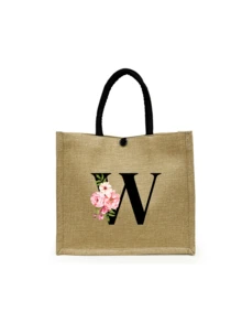 两件套，包含一个粉色花朵黑色字母亚麻手提包（可定制姓名首字母）和一个配套小包，简约优雅，可作为伴娘婚礼礼物、化妆包或旅行收纳包。 - 卡其色 - 查看 26