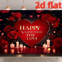 1pc 2D Plane Valentine's Day Background Banner - Featuring Romantic Red Heart-Shaped Decorations, Red Roses And Candle Patterns, Made Of Polyester Background Fabric. Multiple Size Options Available. Perfect For Valentine's Day Party Decorations, Wedding Anniversaries, Romantic Date Setups, Indoor And Outdoor Decorations, And Photography Memorials. - Multicolor - View 4