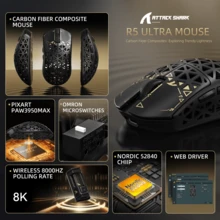 ATTACK SHARK R5 Ultra Wireless Gaming Mouse,39g Superlight Carbon Fiber Hollowed-Out,PAW3950MAX Optical Sensor Nordic 52840 MCU 8K Polling 42K DPI - 黑色 - 查看 9
