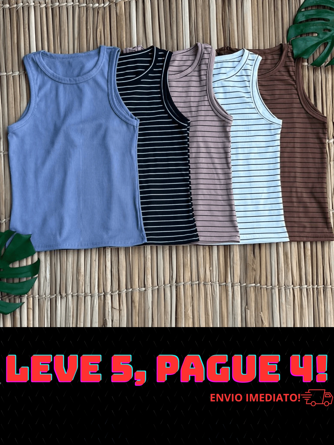 Kit 5 Ribbed Tank Top Striped And Plain Ribbed Basic T-Shirt Everyday Blouse Foreign Fashion Casual Summer Tank Top - Gray/WhiteLis/BlackLis/BeigeLis/BrownLis - View 1
