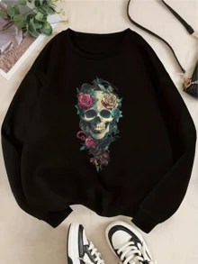 Sudadera con cuello redondo y gráfico de calavera floral artística para mujer, top tipo jersey de manga larga acogedor con estampado botánico intrincado único para un estilo urbano informal de moda. - Negro - Ver 2