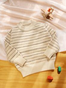 1pc Toddler Boys/Girls Striped Knit Pullover Sweater, Beige, Suitable For Autumn & Winter - Beige - View 2