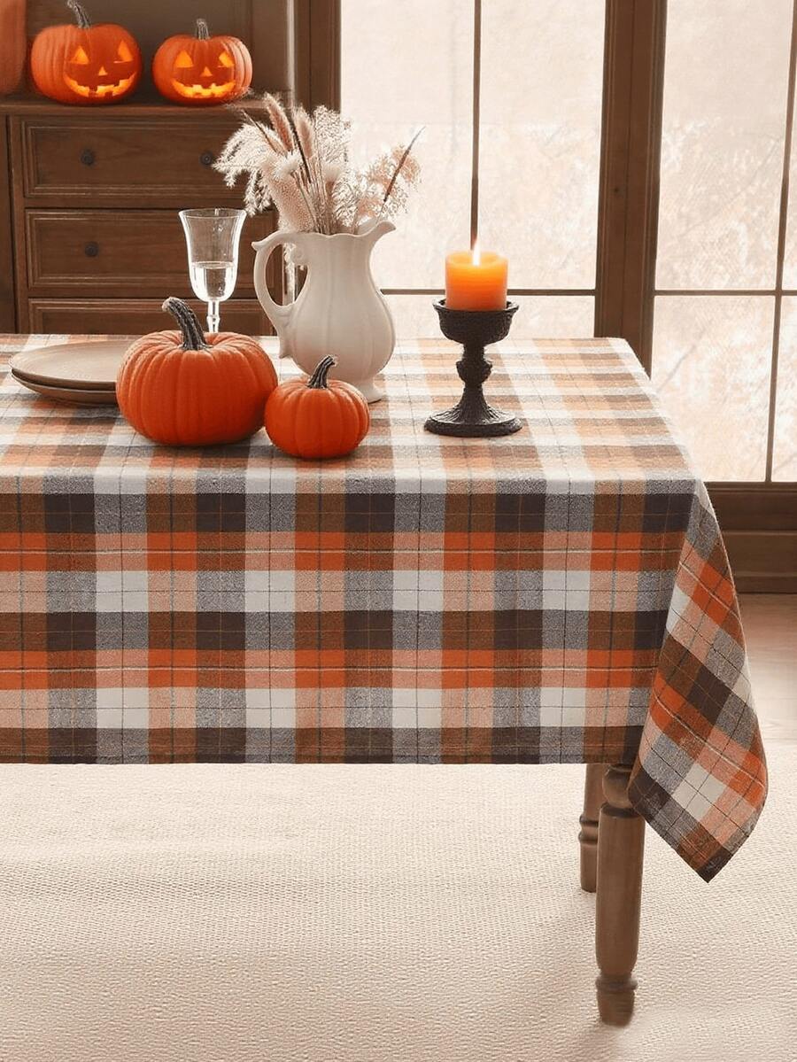 Taplak Meja Persegi Panjang Motif Kotak-kotak Musim Gugur/Dingin, Taplak Meja Kotak-kotak Cokelat Motif Kerbau Cocok Untuk Restoran, Dapur, Pesta Bertema, Meja Makan, Meja Persegi, Halloween, Dekorasi Sehari-hari - Oranye - View 1