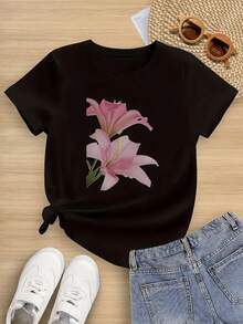 Camiseta infantil con estampado floral de lirio rosa, 100% algodón, suave, cómoda, informal, con flores delicadas, elegante y dulce, perfecta para primavera u otoño, un bonito regalo para niñas. - Negro - Ver 1