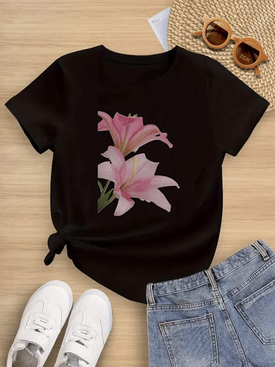 Camiseta infantil con estampado floral de lirio rosa, 100% algodón, suave, cómoda, informal, con flores delicadas, elegante y dulce, perfecta para primavera u otoño, un bonito regalo para niñas. - Negro - Ver 1