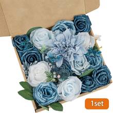 Artificial Flowers Combo Box Set, Blue Fake Flowers Roses Bridal Bouquets Out/Indoor DIY Centerpieces White Flowers For Decoration Arrangements Party Baby Shower - 藍色 - 查看 8