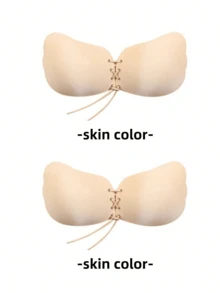 2对（杏色+黑色）抽绳可调节聚拢硅胶隐形文胸贴女无肩带内衣女士防下垂胸垫小胸加厚聚拢胸贴吊带裙婚纱 - 杏色 - 查看 10