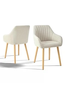 Goeurvant Modern Vertical-Stripe Upholstered Dining Chairs With Armrests And Solid Wood Legs For Dining Room, Kitchen, Living Room - Set Of 2 / Set Of 4 / Set Of 6 - Beige - Beige - View 13