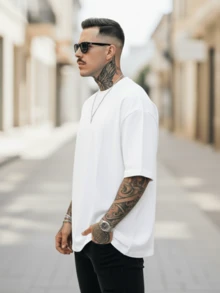 Playera Hombre Oversize Negra 220g 100% Algodón Puro: Cuello Redondo Clásico, Drop Shoulder, Corte Ancho, Suave y Cómoda. Ideal Streetwear, Hip Hop, Básica de Gimnasio y Uso Diario - Blanco - Ver 2