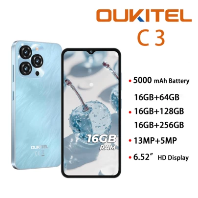  OUKITEL C3 安卓 14 智能手机，2025 款，16GB+（可选 64GB/128GB/256GB），6.52 英寸水滴屏，5000mAh 电池，1300 万像素摄像头，八核处理器，指纹识别，3.5mm 耳机孔，GPS