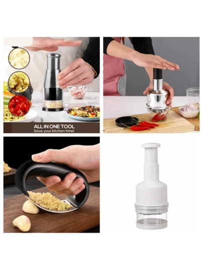 Stainless Steel Garlic Press And Food Chopper - Handheld Non-Powered Kitchen Tool For Garlic, Vegetables, Onions, Nuts And More - Durable And Easy To Use, Fresh Ingredients, Mini Grinder, Kitchen Tools, Vegetable Cutter, Stainless Steel Construction, Suitable For RV Kitchen
