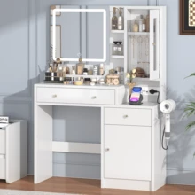 Dressing Table With LED Mirror - 85 X 38 X 136 Cm - 2 Sockets And USB - 3 Adjustable Colors - 2 Drawers, 5 Shelves, And 2 Cabinets - White - 查看 3