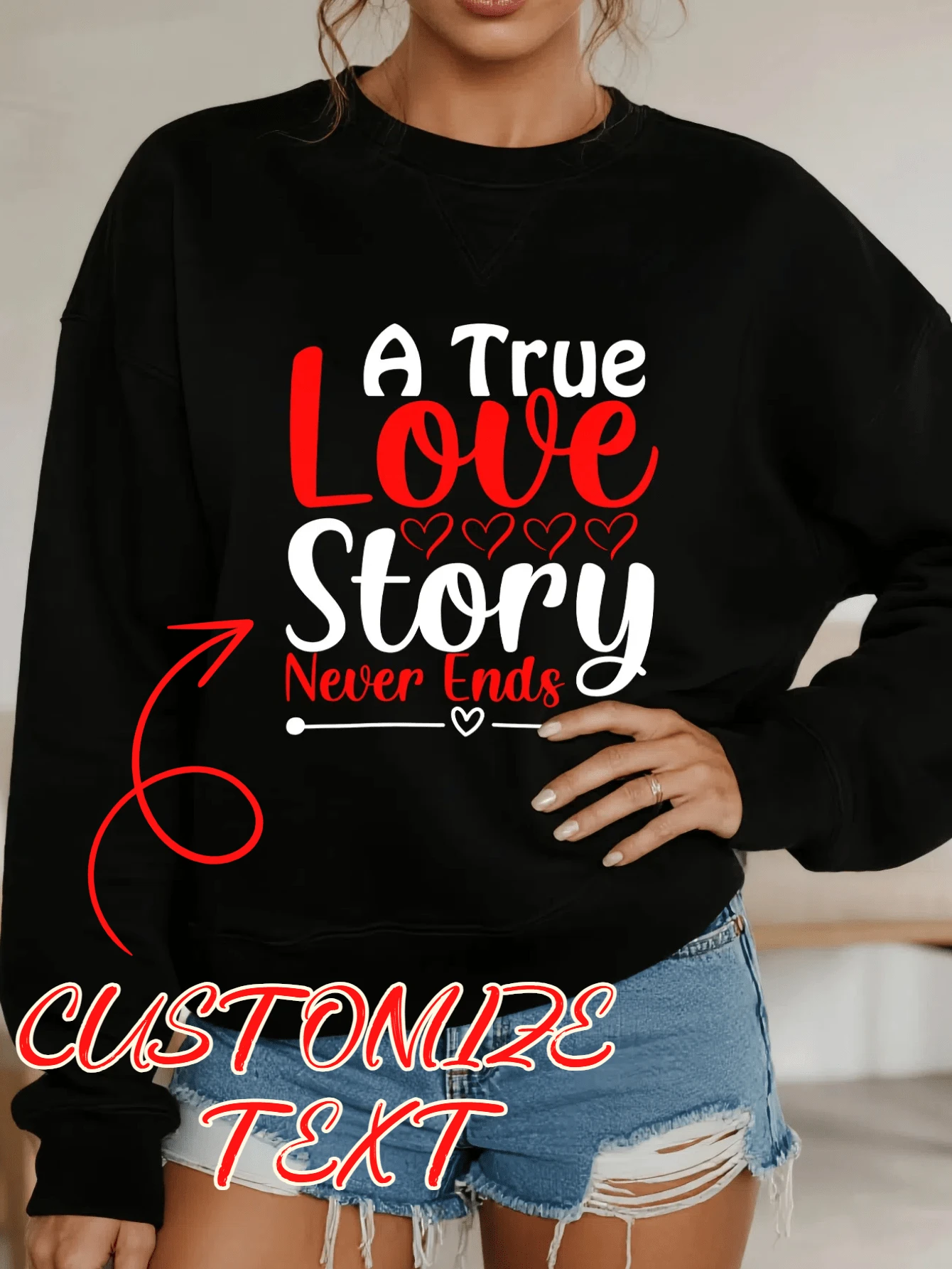 1pc Unisex With Customizable Text Feature, Black Color, For Daily Casual Wear, Romantic - Themed And Personalized Style, Sweatshirt, Suitable For Daily Life And Love - Related Occasions