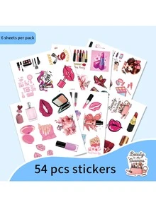 54入粉色化妝品卡通塗鴉貼紙，個性創意粉色自黏貼紙，適用行李箱、電腦、手機殼、水壺，個性化剪貼簿裝飾貼，可愛卡通粉色女孩禮物文具用品 - 紅色 - 查看 7