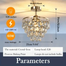 Crystal Gold Chandelier, Lightweight And Luxurious Crystal Chandelier, Modern Mini Semi-Recessed Chandelier, E26 Bulb Base, Bulb Not Included, Suitable For Living Room, Hallway, Dining Room And Bedroom. - 25cm/9.84inch - View 7