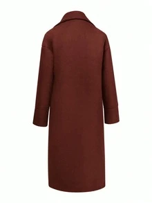 秋冬季女士休闲羊毛混纺翻领长袖通勤优雅长款羊毛混纺大衣 - 酒紅色 - 查看 6