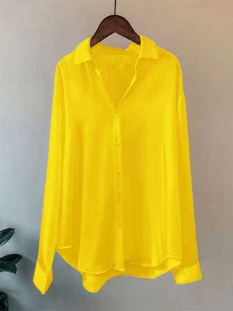 Blusa de mujer de manga larga con botones de color amarillo brillante, talla grande, otoño