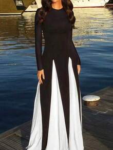 Váy dài tay màu sắc cổ điển thanh lịch, thắt eo dành cho nữ, thích hợp cho tiệc tối, khách dự tiệc cưới, lễ tốt nghiệp, những dịp trang trọng - màu đen - Xem 2