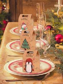 12Pcs Merry Christmas Candy Box With Tag 6 Patterns Kraft Paper Gift Packing Bag 2024 Xmas Party Home Decor New Year 2025,Christmas,Wedding Gift Bag